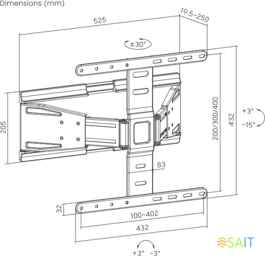 Кронштейн для телевизора Ultramounts UM955 черный 37"-75" макс.50кг настенный поворот и наклон