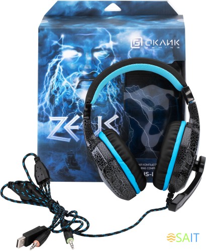 Наушники с микрофоном Оклик HS-L400G ZEUS черный/синий 2.2м мониторные оголовье (359480)