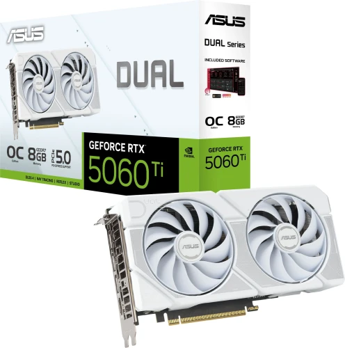 Видеокарта Asus PCI-E 5.0 DUAL-RTX5060TI-O8G-WHITE NVIDIA GeForce RTX 5060TI 8Gb 128bit GDDR7 2602/28000 HDMIx1 DPx3 HDCP Ret