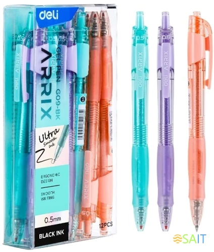 Набор ручек гелев. автоматическая Deli Arris (EG09-BK-P) прозрачный/серый d=0.5мм черн. черн. кор.карт. (12шт) резин. манжета