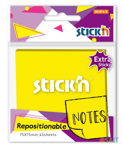 Блок самоклеящийся бумажный Stick`n 21580 76x76мм 45лист. желтый неон 1цв.в упак. усиленный клей