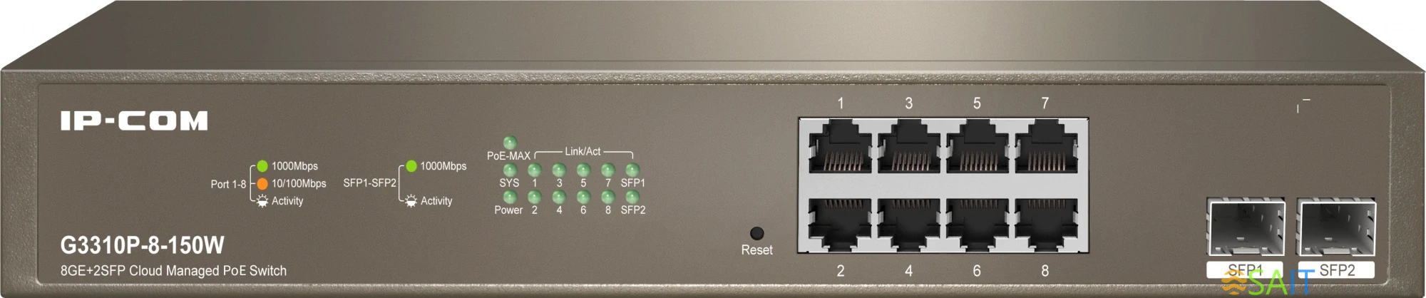 Коммутатор IP-Com G3310P-8-150W (L2) 8x1Гбит/с 2xКомбо(1000BASE-T/SFP) 2SFP 8PoE 130W управляемый
