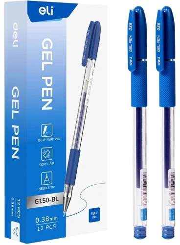 Ручка гелев. Deli EG150-BL прозрачный d=0.38мм син. черн. игловидный пиш. наконечник резин. манжета