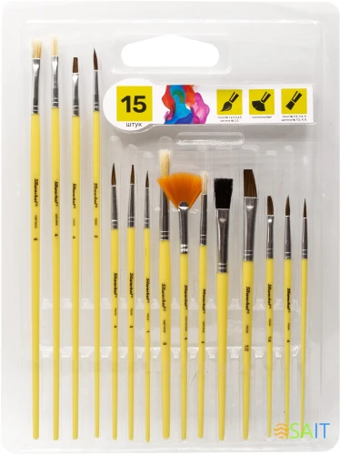 Набор кистей Silwerhof Color (наб.15шт) пон.кр.№1,2,3,4,5/плос.№1/2, 1/4, 4/кр.№3,5/плоск.№1/2, 4, 8/синт.веер.№4