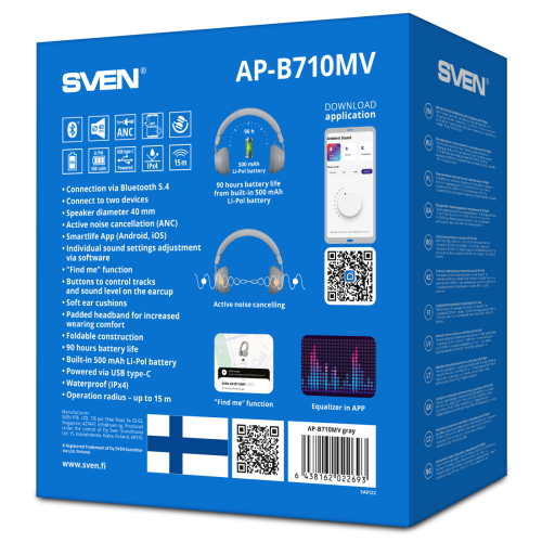 Беспроводные стереонаушники с микрофоном SVEN AP-B710MV, серый (Bluetooth, ANC, APP, 3 mics, 500mAh) Sven SV-022693