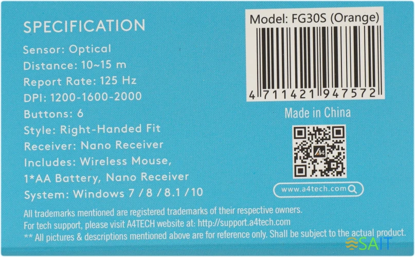 Мышь A4Tech Fstyler FG30S серый/оранжевый оптическая 2000dpi silent беспров. USB 6but (FG30S ORANGE)