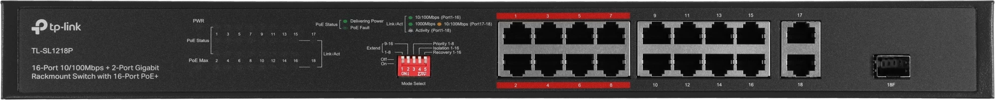 Коммутатор TP-Link TL-SL1218P (L2) 16x100Мбит/с 1x1Гбит/с 1xКомбо(1000BASE-T/SFP) 16PoE+ 150W неуправляемый