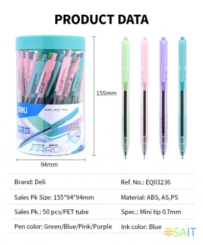 Ручка шариков. автоматическая Deli Arrow EQ03236-1 прозрачный/ассорти d=0.7мм син. черн. ассорти