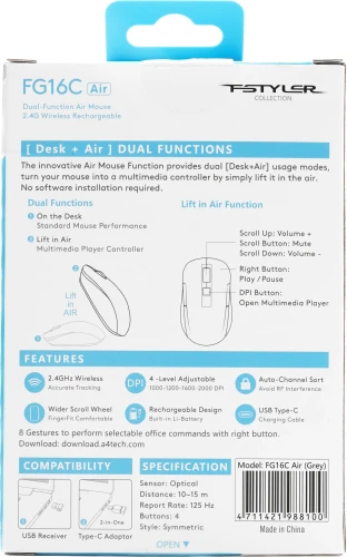 Мышь A4Tech Fstyler FG16C Air серый оптическая 2000dpi беспров. USB для ноутбука 3but (FG16C AIR GREY)