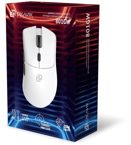 Мышь Оклик 801GW белый оптическая 10000dpi беспров. BT/Radio USB для ноутбука 6but