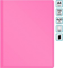 Папка панорама на 4-х кольцах Бюрократ Double Neon DNE0740/4RPINK A4 пластик 0.7мм кор.40мм карм.на лиц.стор. розовый