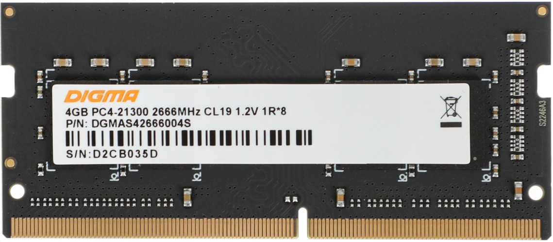 Память DDR4 4Gb 2666MHz Digma DGMAS42666004S RTL PC4-21300 CL19 SO-DIMM 260-pin 1.2В single rank Ret