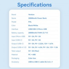 Power Bank Vention 20000mAh(M/C-A/A)22.5W Черный с LED Дисплеем Vention FHLB0
