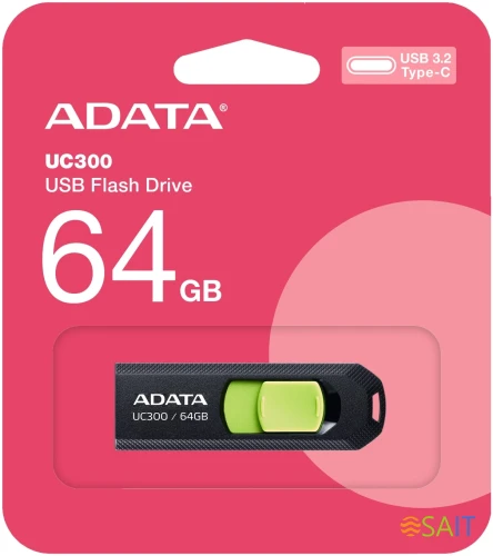 Флеш Диск A-Data 64Gb Type-C UC300 ACHO-UC300-64G-RBK/GN USB3.2 черный/зеленый