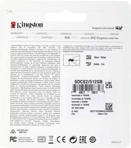 Флеш карта microSDXC 512GB Kingston SDCS2/512GB Canvas Select Plus + adapter