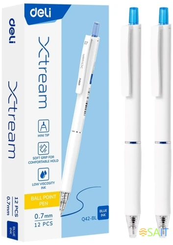 Ручка шариков. автоматическая Deli Xtream EQ42-BL белый/синий d=0.7мм син. черн. 1стерж. игловидный пиш. наконечник кругл. резин. манжета синий