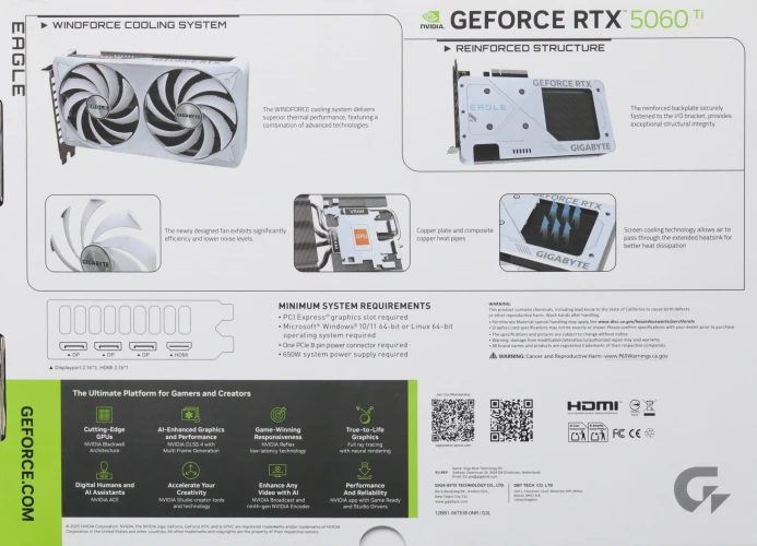 Видеокарта Gigabyte PCI-E 5.0 GV-N506TEAGLEOC ICE-8GD 1.0 NVIDIA GeForce RTX 5060TI 8Gb 128bit GDDR7 2572/28000 HDMIx1 DPx3 HDCP Ret