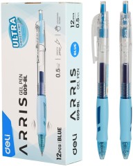 Набор ручек гелев. автоматическая Deli Arris (EG09-BL-P) прозрачный/голубой син. черн. кор.карт. (12шт) линия 0.7мм резин. манжета