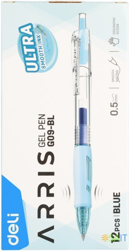 Набор ручек гелев. автоматическая Deli Arris (EG09-BL-P) прозрачный/голубой син. черн. кор.карт. (12шт) линия 0.7мм резин. манжета