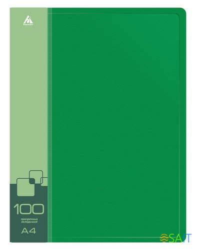Папка с 100 прозр.вклад. Бюрократ -BPVN100GRN A4 пластик 0.8мм торц.карм с бум. встав зеленый