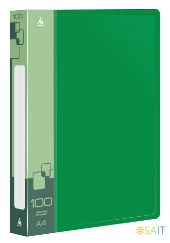 Папка с 100 прозр.вклад. Бюрократ -BPVN100GRN A4 пластик 0.8мм торц.карм с бум. встав зеленый