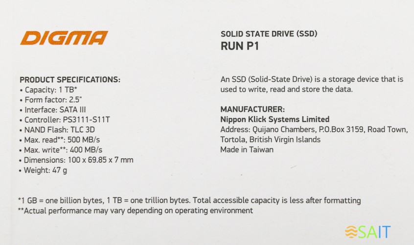 Накопитель SSD Digma SATA-III 1TB DGSR2001TP13T Run P1 2.5"