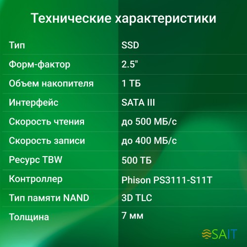 Накопитель SSD Digma SATA-III 1TB DGSR2001TP13T Run P1 2.5"
