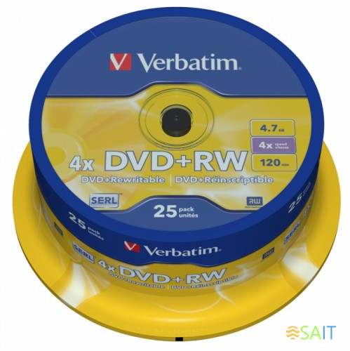 Диск DVD+RW Verbatim 4.7Gb 4x Cake Box (25шт) (43489)
