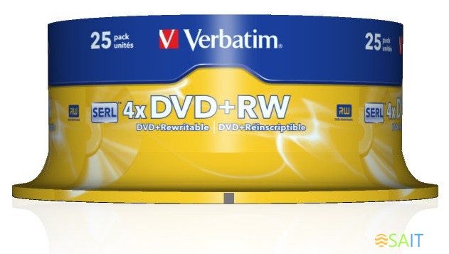 Диск DVD+RW Verbatim 4.7Gb 4x Cake Box (25шт) (43489)