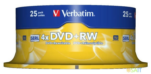 Диск DVD+RW Verbatim 4.7Gb 4x Cake Box (25шт) (43489)