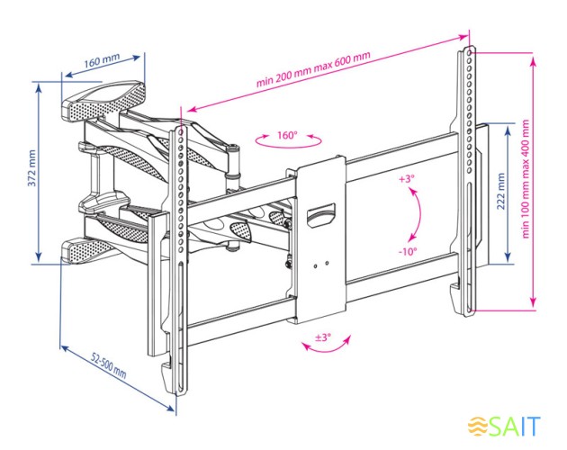 Кронштейн для телевизора Kromax ATLANTIS-35 new черный 22"-65" макс.50кг настенный поворотно-выдвижной и наклонный