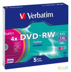 Диск DVD-RW Verbatim 4.7Gb 4x Slim case (5шт) Color (43563)