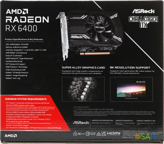 Видеокарта Asrock PCI-E 4.0 RX6400 CLI 4G AMD Radeon RX 6400 4Gb 64bit GDDR6 1923/16000 HDMIx1 DPx1 HDCP Ret