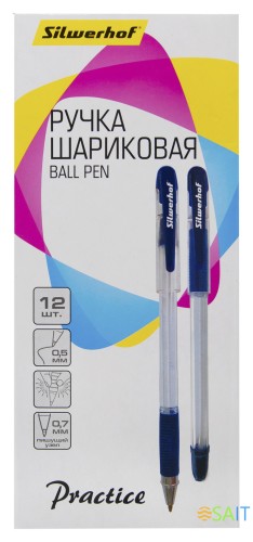Ручка шариков. Silwerhof Practice прозрачный d=0.7мм син. черн. сменный стержень линия 0.5мм резин. манжета синий
