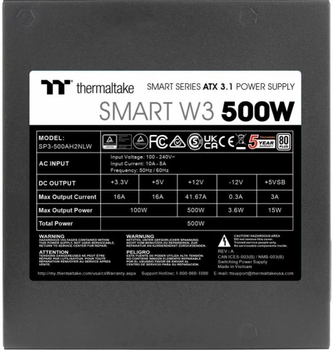 Блок питания Thermaltake ATX 500W Smart W3 Gen.5 80+ white (20+4pin) APFC 120mm fan 4xSATA RTL