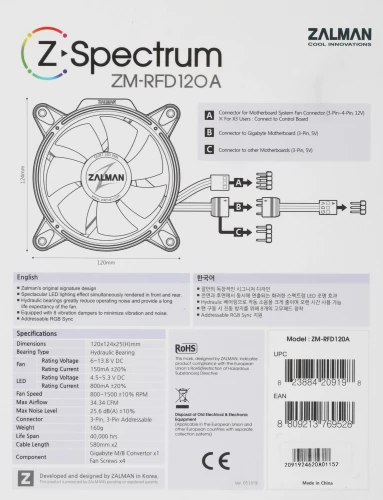 Вентилятор для корпуса Zalman ZM-RFD120A Addressable ARGB 120х120 черный 3-pin 26дБ (ZM-RFD120A) Ret