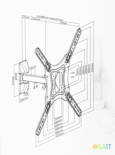 Кронштейн для телевизора Ultramounts UM868 черный 23"-55" макс.35кг настенный поворот и наклон