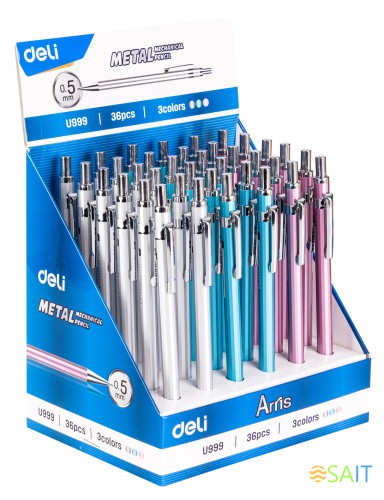Карандаш мех. Deli EU999 Arris 0.5мм металл ассорти дисплей ластик