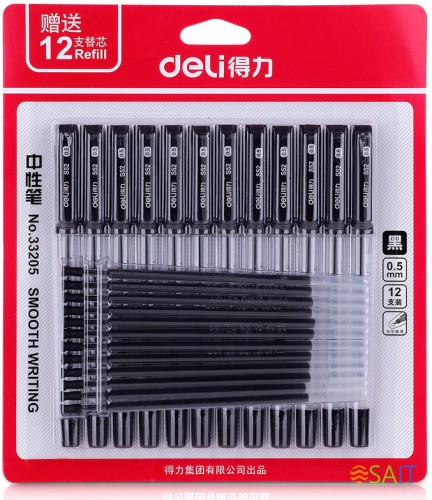 Набор ручек гелев. Deli 33205-BK прозрачный/черный черн. черн. блистер (12шт) линия 0.5мм резин. манжета 12 ручек + 12 сменных стержней