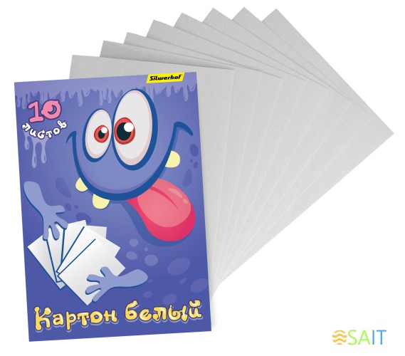 Картон белый Silwerhof немелованная 10л. A4 Монстрики папка