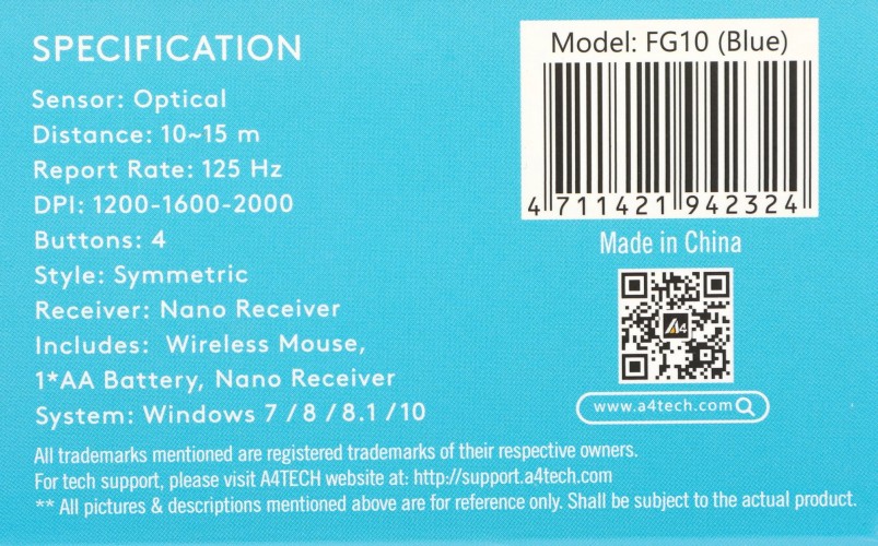 Мышь A4Tech Fstyler FG10 черный/синий оптическая 2000dpi беспров. USB 4but (FG10 BLUE)