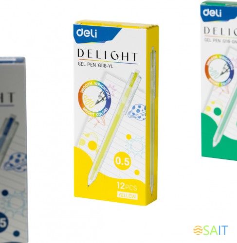 Набор ручек гелев. автоматическая Deli Delight (EG118-YL-P) прозрачный жел. черн. кор.карт. (12шт) линия 0.5мм