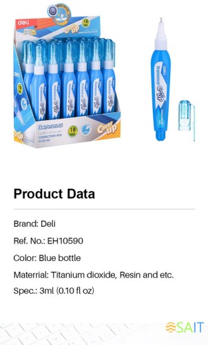 Ручка корректор Deli EH10590 голубой корпус белый 3мл дисплей картонный