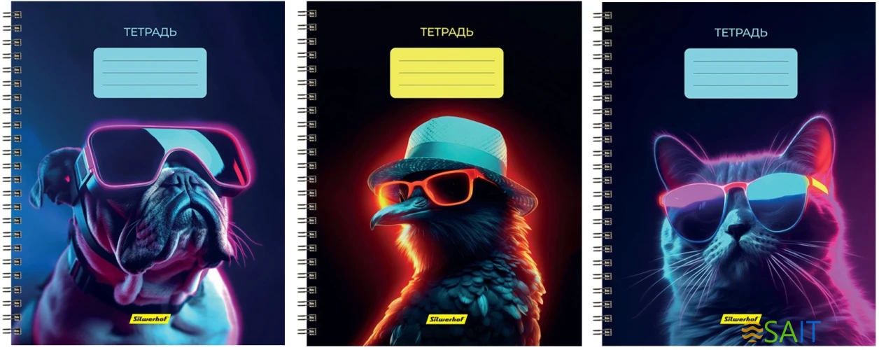 Набор тетрадей Silwerhof 48л. клет. A5 Неоновые животные в очках 3диз. мел.карт. гребень (упак.:3шт)