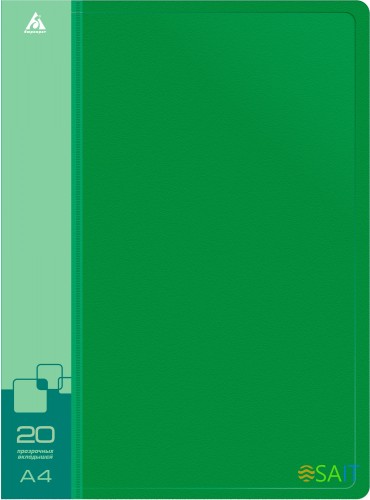 Папка с 20 прозр.вклад. Бюрократ -BPV20GRN A4 пластик 0.6мм торц.карм с бум. встав зеленый