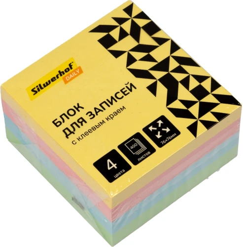 Блок самоклеящийся бумажный Silwerhof Daily 76x76мм 400лист. пастель 4цв.в упак.