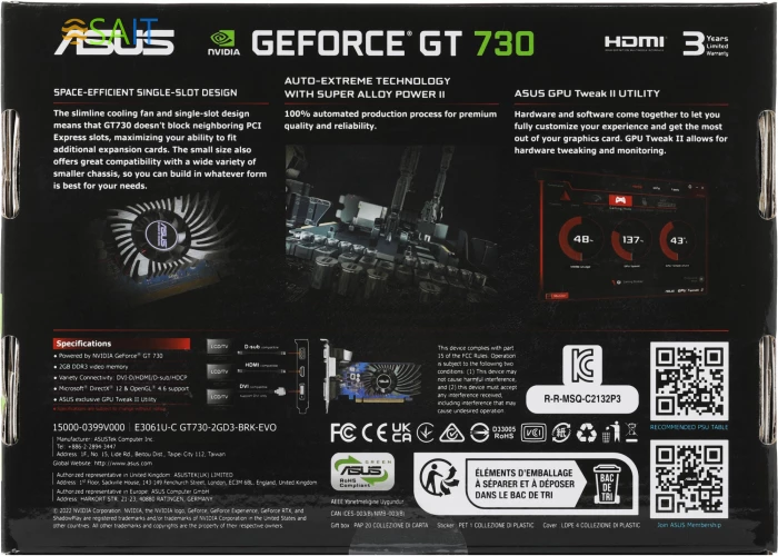 Видеокарта Asus PCI-E 2.0 GT730-2GD3-BRK-EVO NVIDIA GeForce GT 730 2Gb 64bit DDR3 902/1800 DVIx1 HDMIx1 CRTx1 HDCP Ret