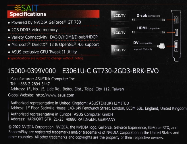 Видеокарта Asus PCI-E 2.0 GT730-2GD3-BRK-EVO NVIDIA GeForce GT 730 2Gb 64bit DDR3 902/1800 DVIx1 HDMIx1 CRTx1 HDCP Ret