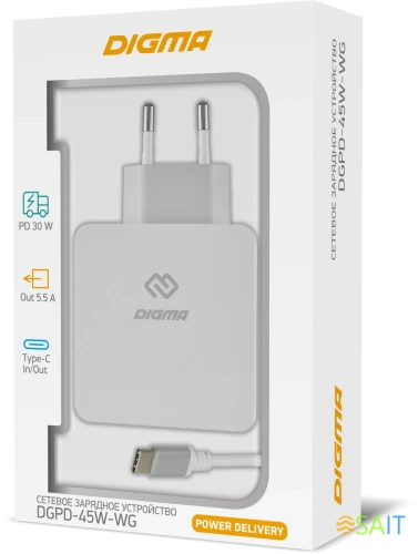 Сетевое зар./устр. Digma DGPD-45W-WG 45W 3A+2.4A (PD) USB-C/USB-A универсальное белый