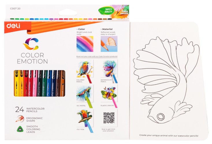 Карандаши цв. Deli EC00720 Color Emotion акварель. липа 24цв. коробка/европод. (24шт)